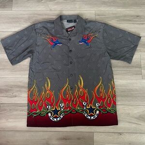 Vintage Y2K Bowling Shirt Mens XL Flames‎ Stars Sparrows Rockabilly Camp Shirt